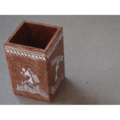 Warli Painting Art Wooden Pen Holder By Adivasi Yuva Seva Sangh