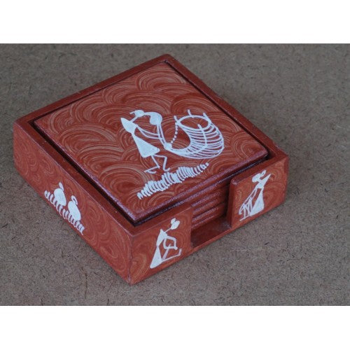 Warli Painting Art Wooden Tea Coaster (Set Of 6) By Adivasi Yuva Seva Sangh