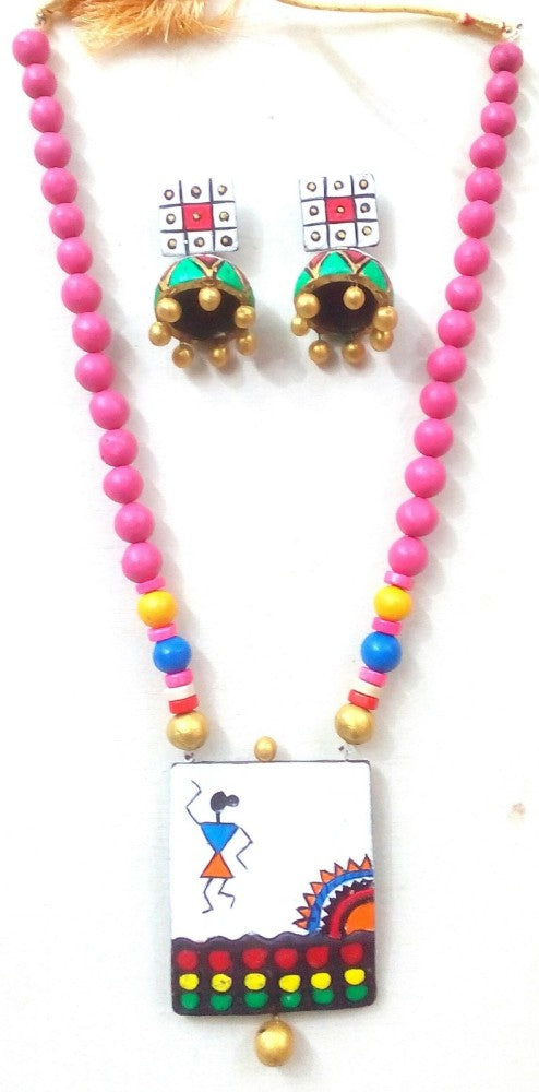 White And Pink Bankura Panchmura Terracotta Craft Necklace Jewellery Set