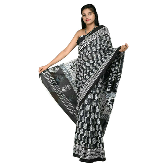 White & Black Print Bagru Print Saree