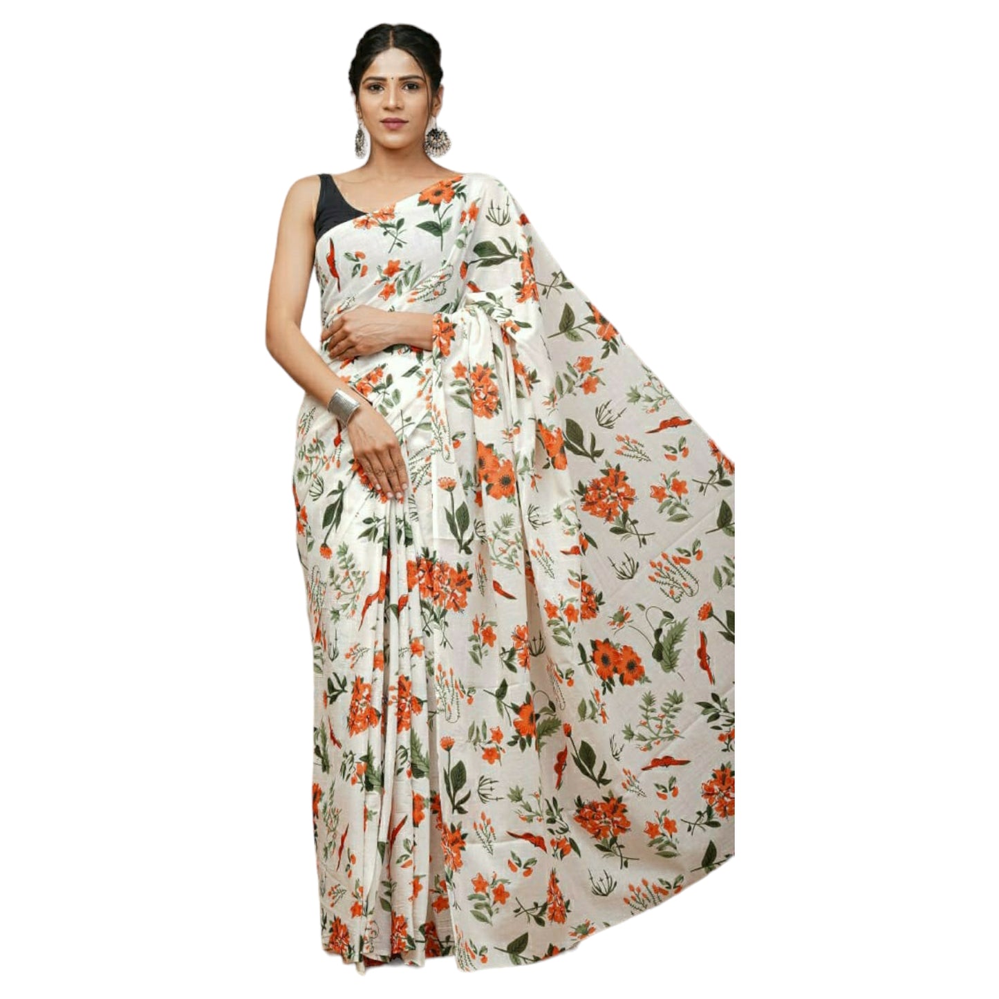 White Colour with Green leaves & Orange Flower Bagru Print Saree