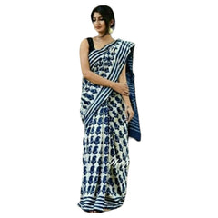 White & Dark Blue Colour Bagru Print Saree