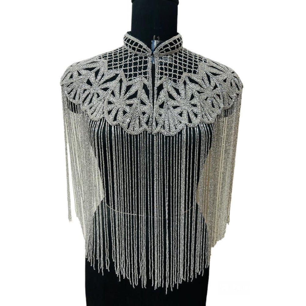 White Silver Beaded Cape Fringe Shoulder Shrug Shawl Pashmina