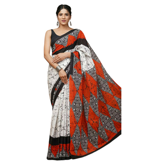White with Orange & Black Colour Bagru Print Saree
