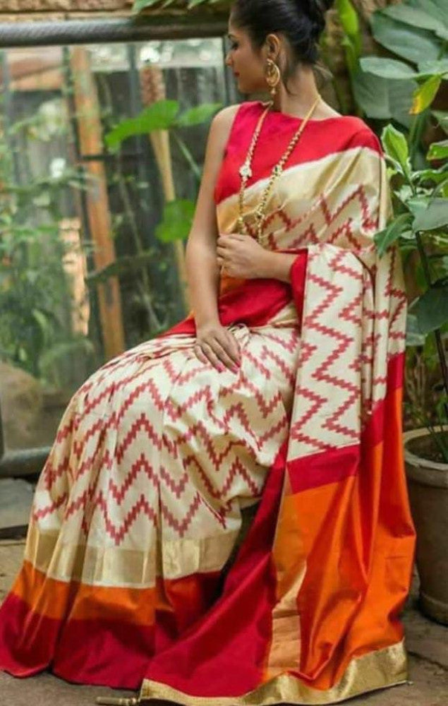 White With Red Pochampally Saree