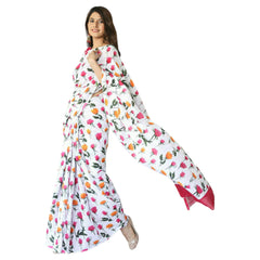 White with yellow & Pink Flowers Bagru Print Saree