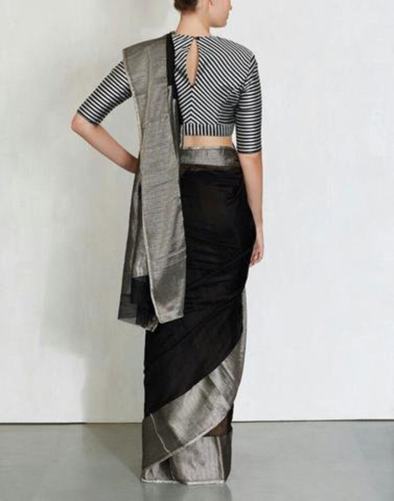 Wide Border Silver And Black Pure Linen Saree