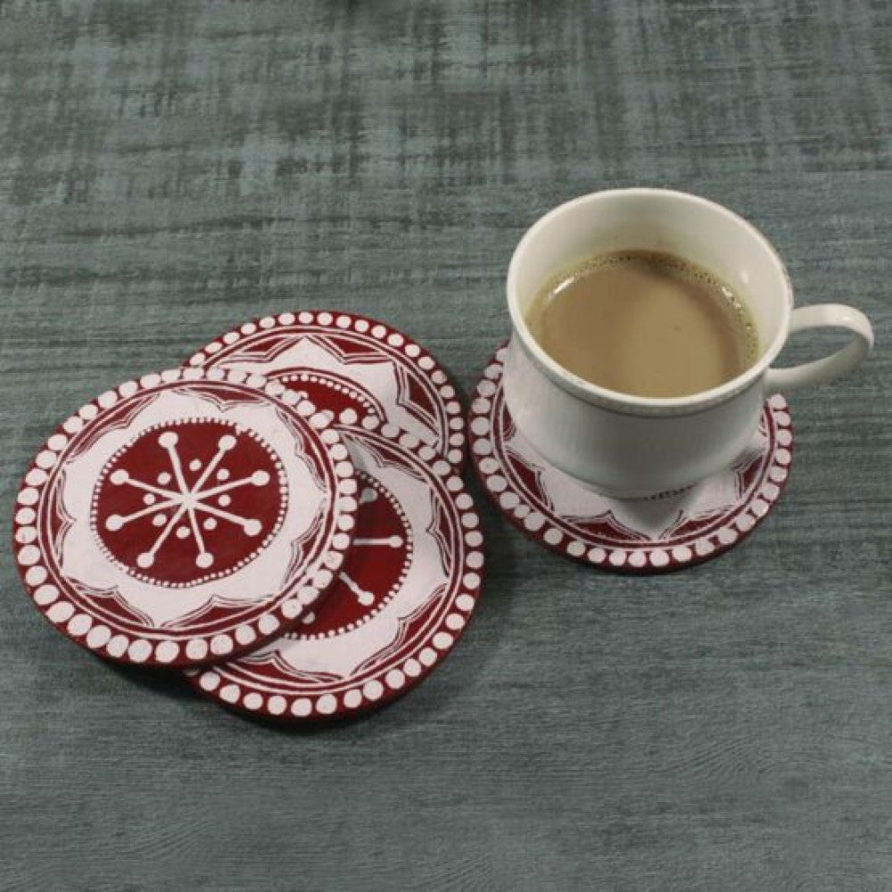 Wood Coasters On Uttarakhand Aipan Art – Set of 6