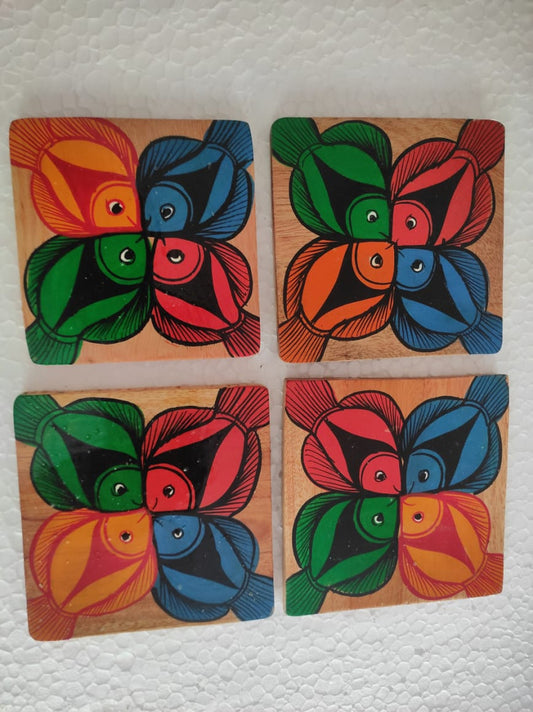 Wooden Fishes Square Coasters Bengal Pattachitra (4pcs)