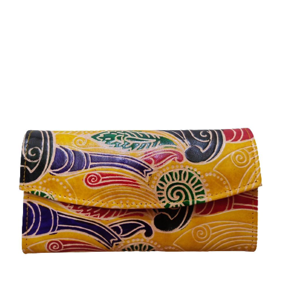 Yellow Floral Design Hand Leather Purse 5 Compartments