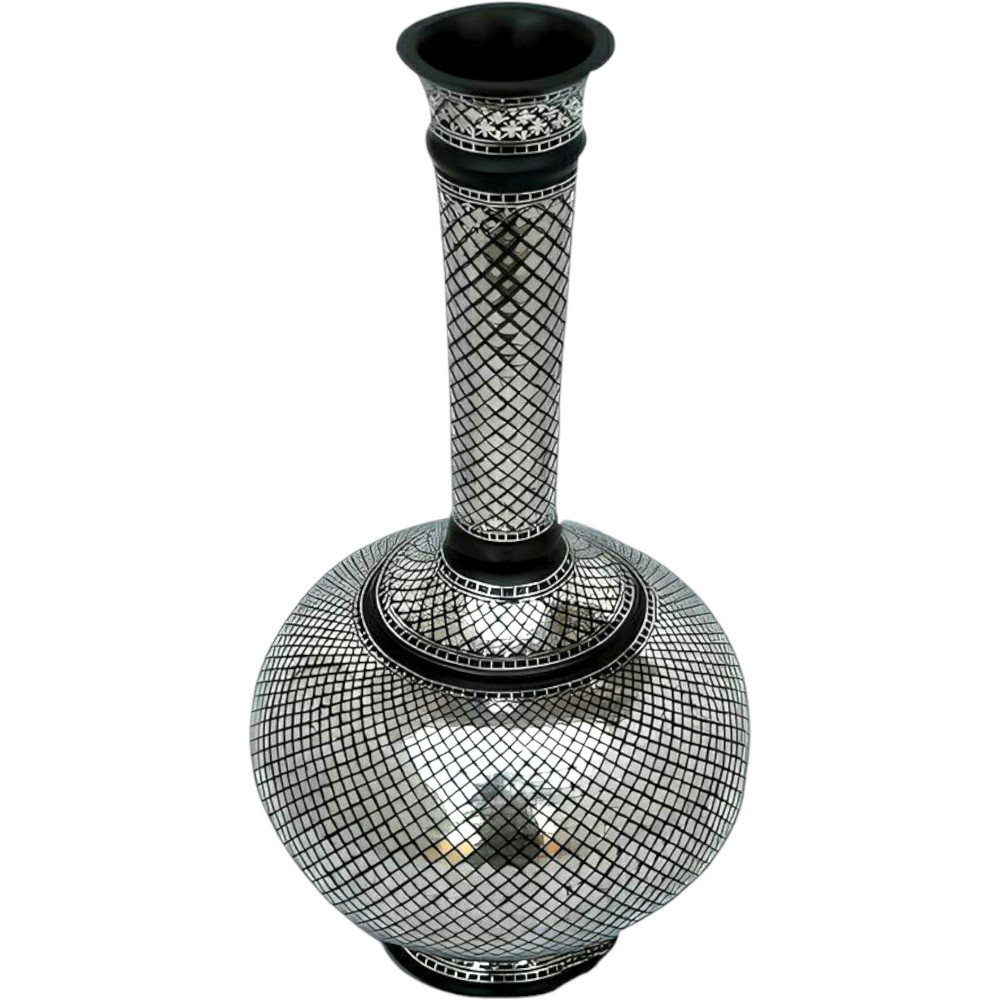 Bidriware Handcrafted Black Metal Silver Inlay Long Neck Goblet Vase Decorative - 0