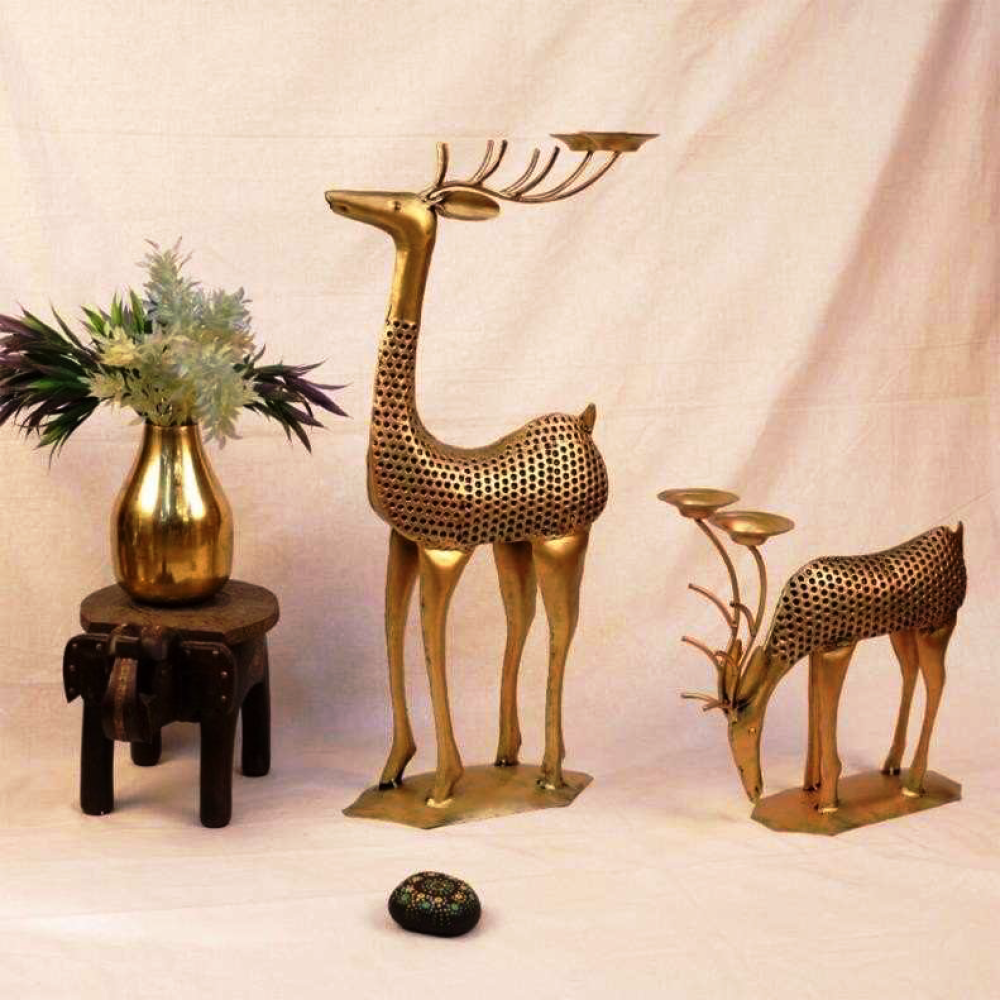 Antique Deer Family With Candle Holder