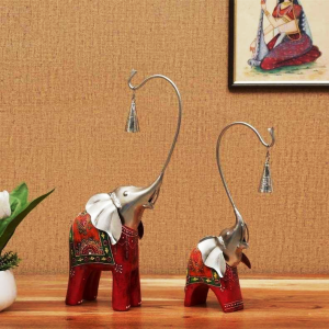 Artisian Crafted Wooden Elephant With Bell Figurine Set of 2