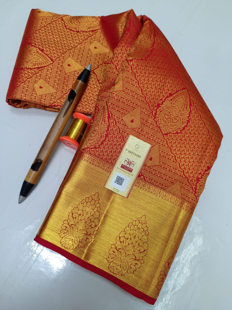 Jacquard Pattern Royal Orange Kanchipuram Silk Saree – Sundari Silks