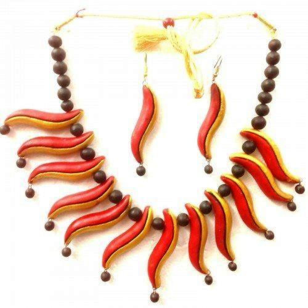 Abstract Shapes Panchmura Terracotta Craft Necklace Jewellery Set - 0