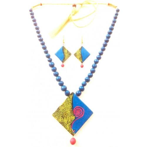 Blue Bankura Panchmura Terracotta Craft Necklace Jewellery Set