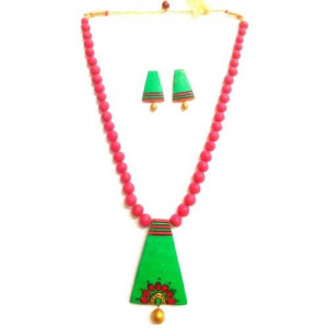 Green and Pink Bankura Panchmura Terracotta Craft Necklace Jewellery Set