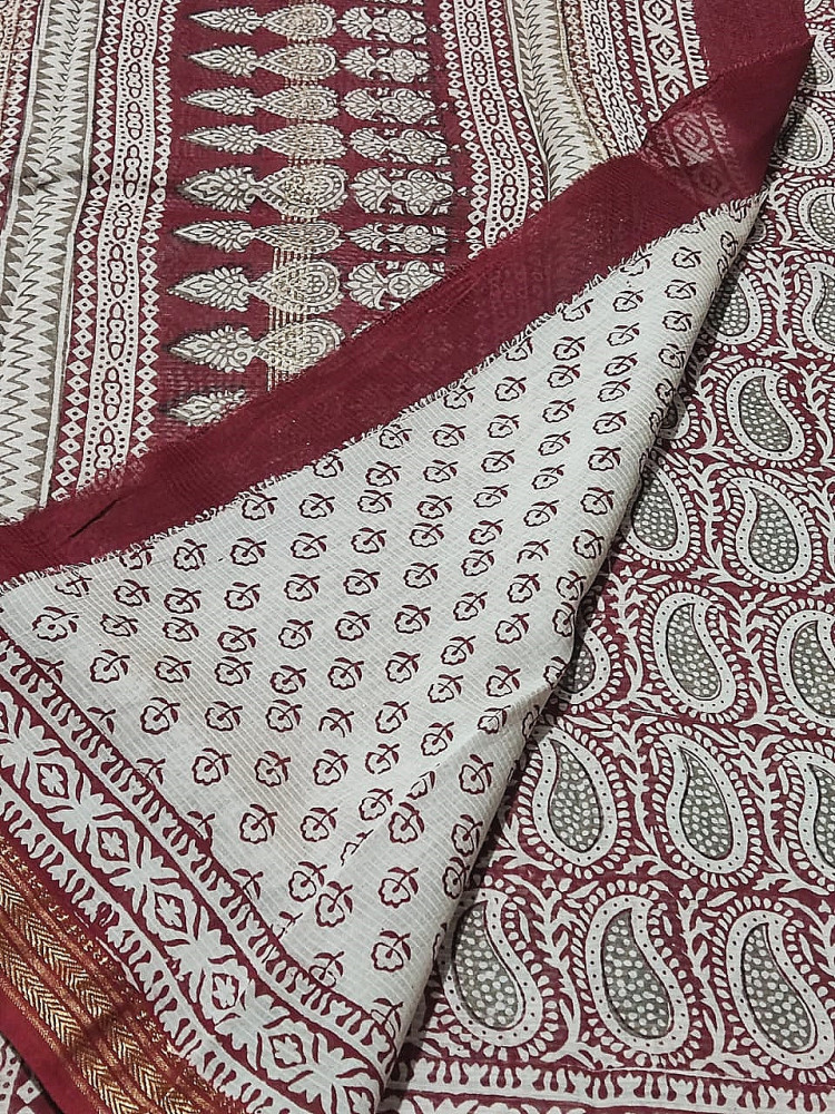 Beautiful Bagh Block Print Maroon & White Saree