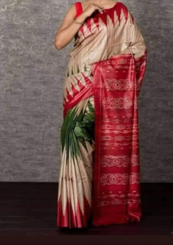 Beautiful Beige , Red & Green Tussar Silk