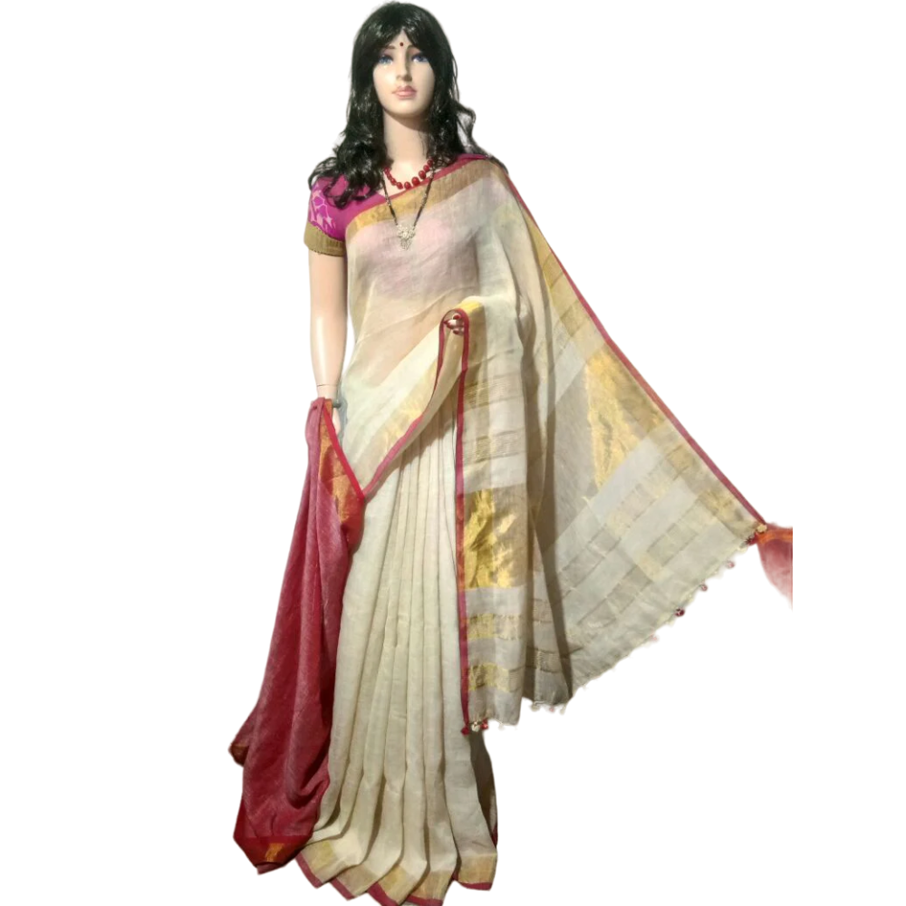 Beige Pure Linen Saree