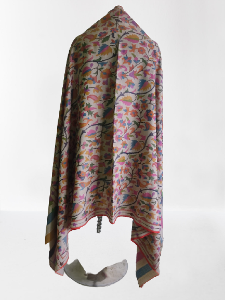 Beige With Multicolour Leaf Design Kani Shawl - 0