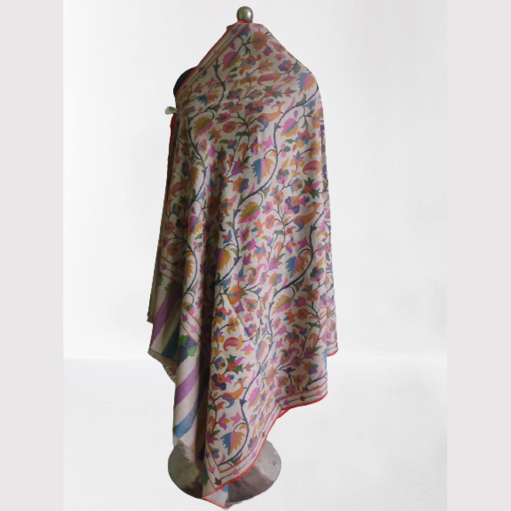 Beige With Multicolour Leaf Design Kani Shawl