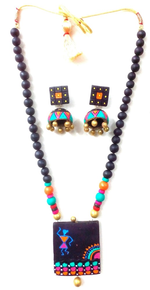 Black And Green Bankura Panchmura Terracotta Craft Necklace Jewellery Set