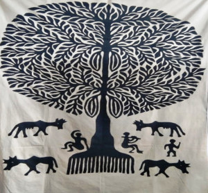 Black & White Tree With Villagers Pipli Applique Work