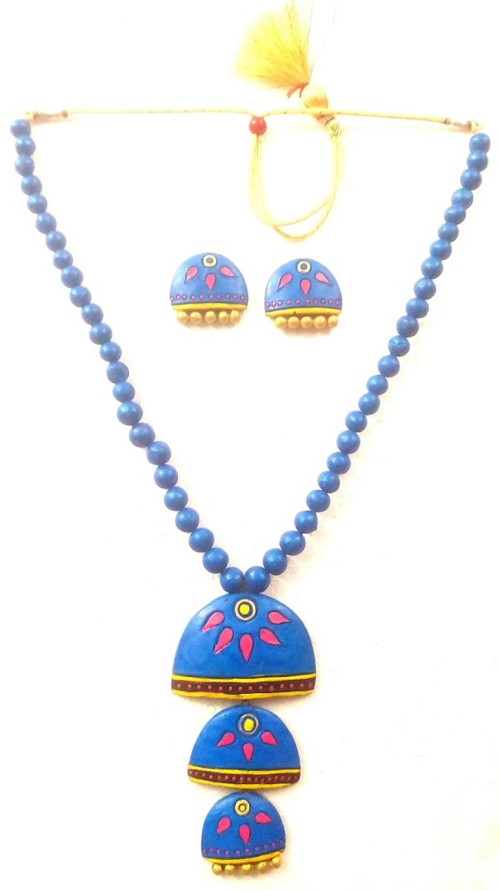 Blue And Pink Bankura Panchmura Terracotta Craft Necklace Jewellery Set