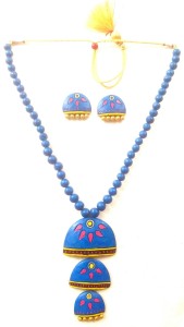 Blue And Pink Bankura Panchmura Terracotta Craft Necklace Jewellery Set