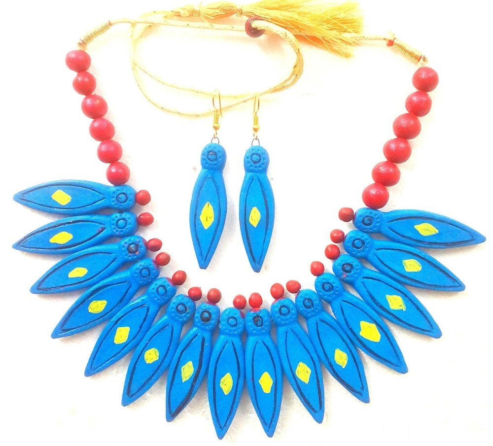 Blue Bankura Panchmura Terracotta Craft Necklace Jewellery Set