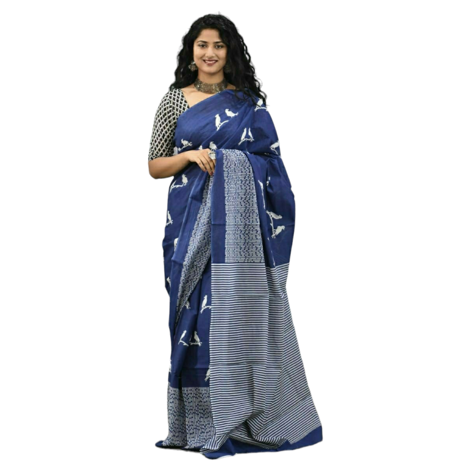 Blue Colour with White Birds Bagru Print Saree