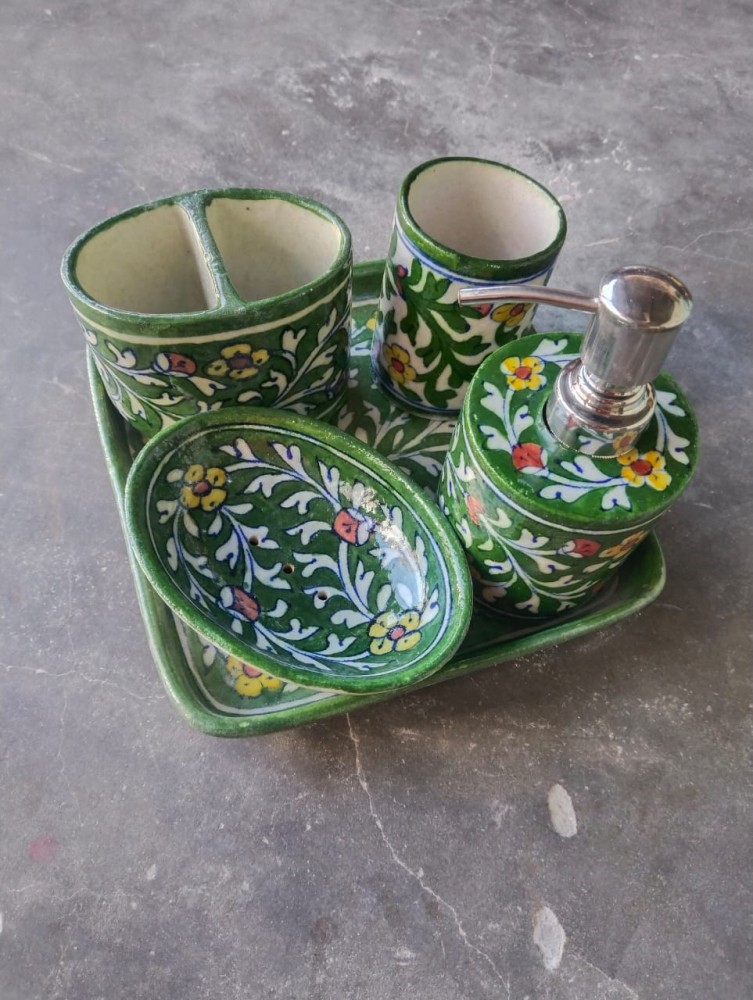 Blue Pottery Bathroom Set Green Floral Design