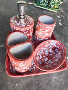 Blue Pottery Bathroom Set Red Floral Design