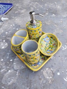 Blue Pottery Bathroom Set Yellow Floral Design