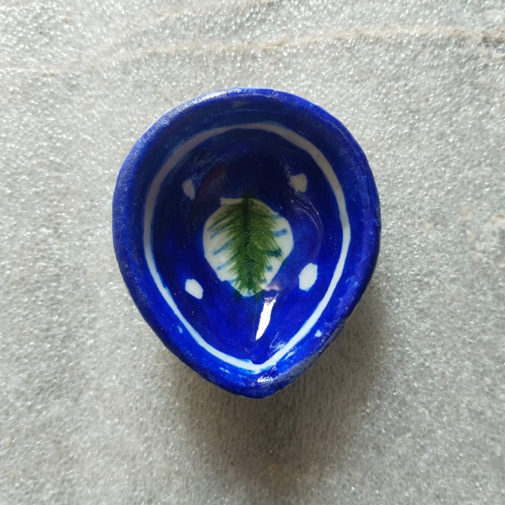 Blue Pottery Diya Navy Blue Leaf Design