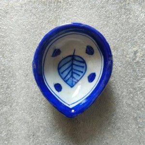 Blue Pottery Diya White Leaf Design