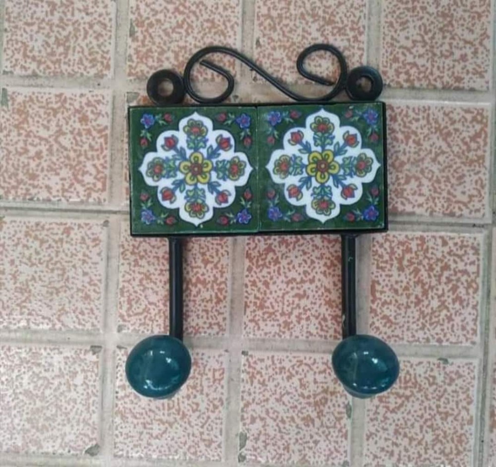 Blue Pottery Hanger Green Floral Design