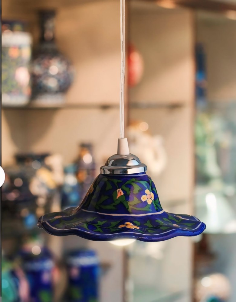 Blue Pottery Lamp Navy Blue Floral Design