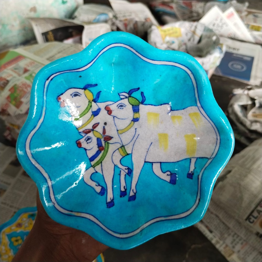 Blue Pottery Lotus Wall Plate Cows 6 inch