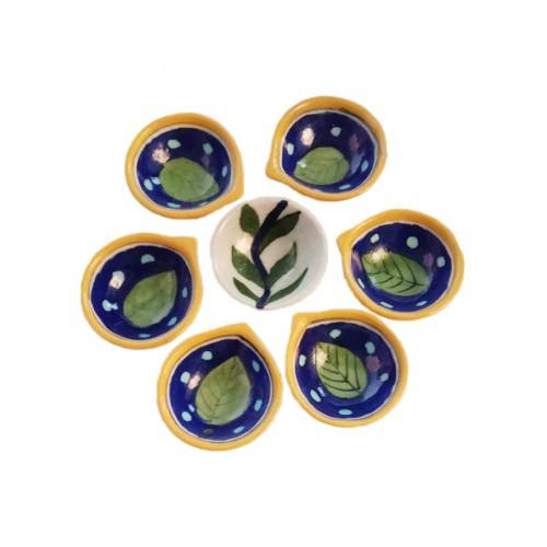 Blue Pottery Leaf Design Diya- Single Piece