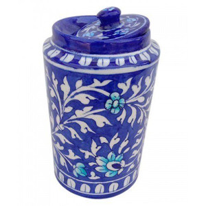 Handmade Blue Colour Burnee Jar With Flower Design Blue Pottery Of Jaipur