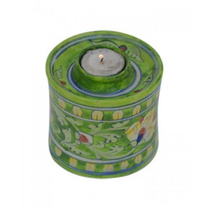 Beautiful Handmade Green Colour Chimney Lamp With Flower Design Blue Pottery Of Jaipur