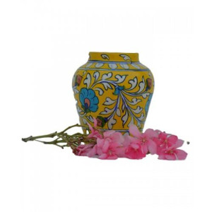 Latest Elegant Handmade Yellow Colour Handi vase With Flower Design Blue Pottery Of Jaipur