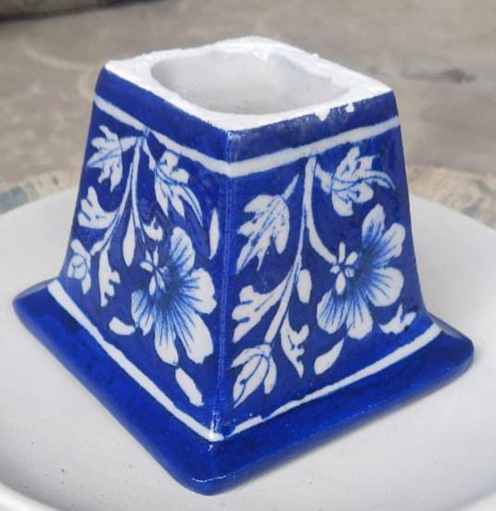 Blue Pottery Planter Navy Blue Floral Design - 0