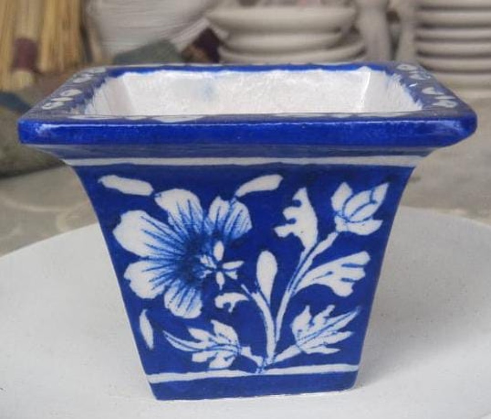 Blue Pottery Planter Navy Blue Floral Design