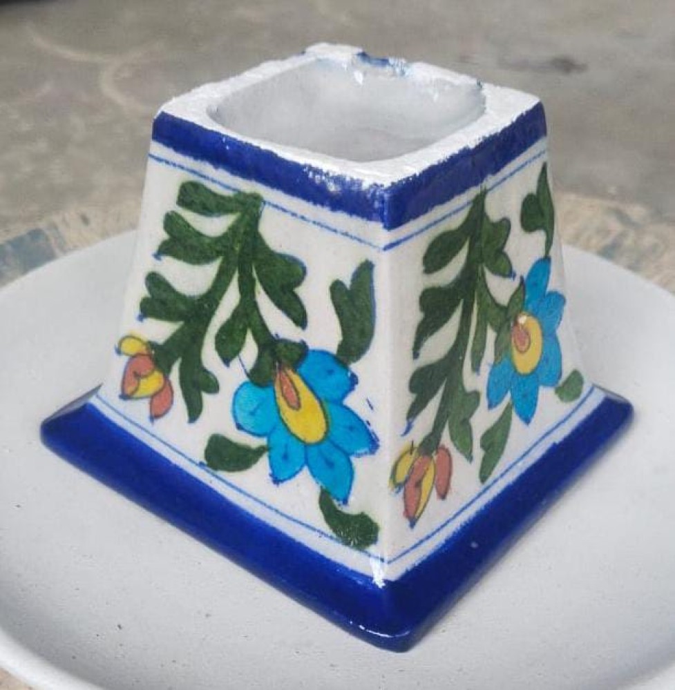 Blue Pottery Planter White Floral Design - 0