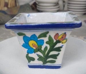 Blue Pottery Planter White Floral Design