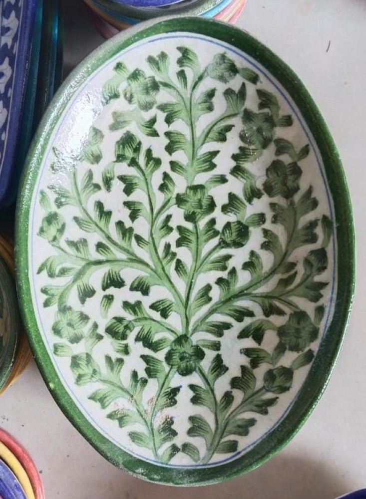 Blue Pottery Rice Plate Green Floral Design 8 inch