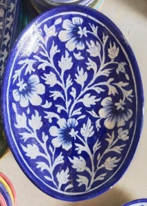 Blue Pottery Rice Plate Navy Blue Floral Design 8 inch